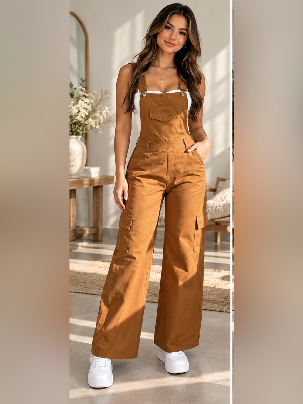 Wide-Leg Brown Cargo Overalls for Women